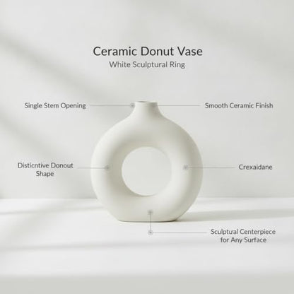 Ceramic Donut Vase, White Sculptural Ring Centerpiece for Shelf Mantel Desk Display (1 PC) - size: 7.28 x 2.17 x 7.48 in