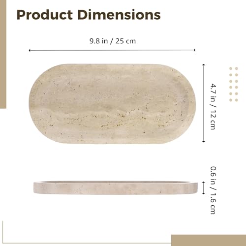 Marble Tray in Oval Travertine, 9.8 x 4.7 in Decorative Stone Organizer for Perfume Candles and Jewelry, Polished Storage with Non-Slip Base, for Bathroom Vanity Dresser and Kitchen Counter