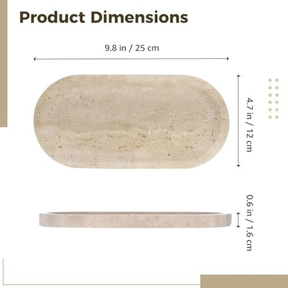 Marble Tray in Oval Travertine, 9.8 x 4.7 in Decorative Stone Organizer for Perfume Candles and Jewelry, Polished Storage with Non-Slip Base, for Bathroom Vanity Dresser and Kitchen Counter