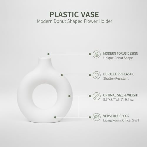 Modern Torus Ring Vase, Geometric Donut Shape Flower Holder for Home and Office Decor, White Plastic Sculptural Accent