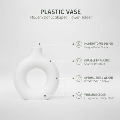 Modern Torus Ring Vase, Geometric Donut Shape Flower Holder for Home and Office Decor, White Plastic Sculptural Accent