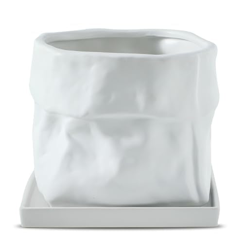 Nihow 8 Inch Ceramic Plant Pot with Drainage & Square Saucer,White | Bag Shape Design,Indoor & Outdoor,Living room/Office/Bedroom/Windowsill/Tabletop,Plant Lovers/Gardeners/Beginners - color: White, size: 8 Inch