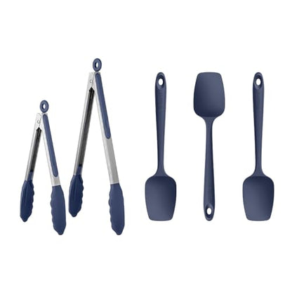 U-Taste 480ºF Heat Resistant Food Grade Silicone Spoon Spatula Set of 3, and 600℉ Heat-Resistant Food-Grade Non-Stick Firm Cooking Tong Set of 2 (Midnight Blue)