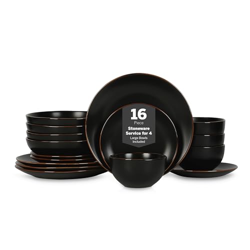 Stone Lain Brasa Stoneware 16 Piece Modern Dinnerware Set, Plates and Bowls, Service for 4, Black, Microwave & Dishwasher Safe - color: Black, size: 16-Piece Service for 4