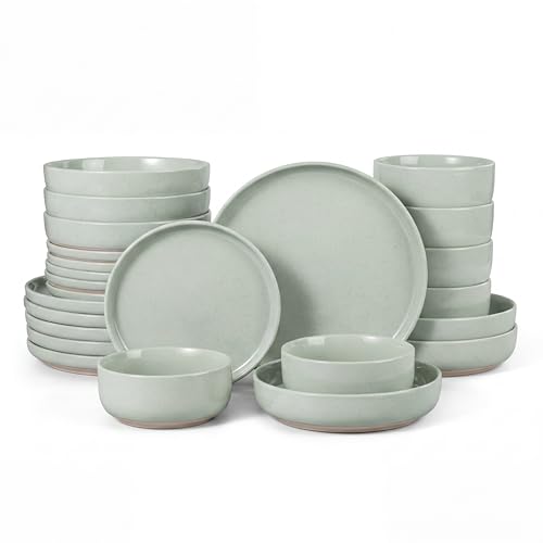 HaWare 24-Piece Plates and Bowls Set for 6, Stoneware Dinnerware Sets with Pasta Bowl, Dishes Set for Home Restaurant, Speckled Asparagus Green - color: Speckled Asparagus Green, size: 24pcs(with Pasta Bowls) for 6