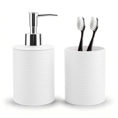RRM Bathroom Accessory Set, White Bathroom Set for Modern Bathroom Decor | Includes Soap Dispenser and Toothbrush Holder, Boho Bathroom Decor - color: White