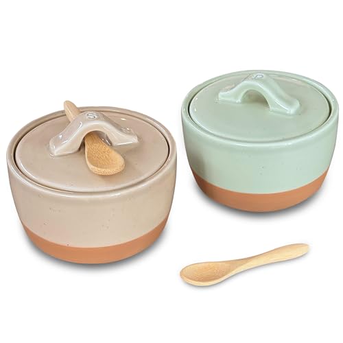 Mora Ceramic Salt and Pepper Cellar Set with Lid - 10 oz Modern Canister/Container/Bowl for Storage, Sea Salt, Spice, Sugar, Countertop - Small Dish/Jar with Wood Spoon, Matcha & Chai Crock - color: Matcha & Chai