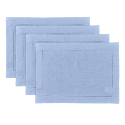 Solino Home 100% Pure Linen Placemats Cornflower Blue, 14 x 19 in, Set of 4 | Classic Hemstitch Place Mats place settings for daily dining | hand hemstitched borders, artisan crafted | OEKO-TEX Certified - color: 10: Cornflower Blue, size: 14" X 19" (Set