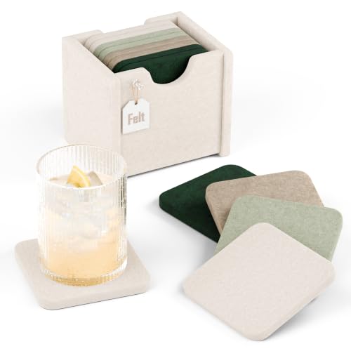 Fluxynara Felt Coasters with Holder, Set of 8 for Drinks, Nordic Moss | Square Felt Coasters, Absorbent, Heat-Resistant & Reusable for Drinks, Ideal for Coffee Tables and Living Rooms, 3.94 Inch - color: Nordic Moss, size: Square - 8 Count