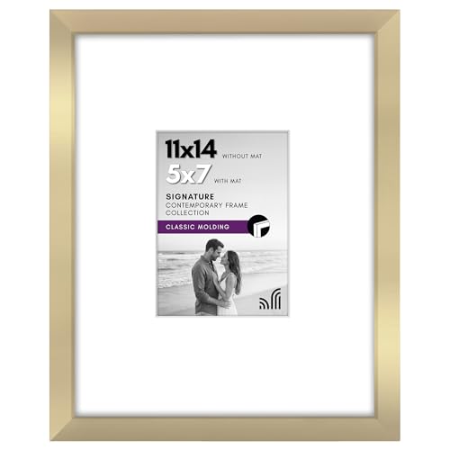 Americanflat 11x14 Picture Frame - Matted to 5x7 - Engineered Wood - Gold | Shatter-resistant glass, hangs vertical or horizontal, sawtooth hangers included, use with or without mat - color: Gold