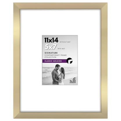 Americanflat 11x14 Picture Frame - Matted to 5x7 - Engineered Wood - Gold | Shatter-resistant glass, hangs vertical or horizontal, sawtooth hangers included, use with or without mat - color: Gold