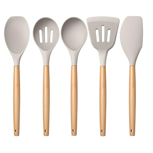 E-far Silicone Cooking Utensils Set, 5-Piece Kitchen Utensils Set with Wooden Handle for Cooking, Silicone Kitchen Nonstick Tools Spatula Turner Slotted Spoons, Nontoxic & Heat Resistant-Khaki - color: Khaki, size: 5