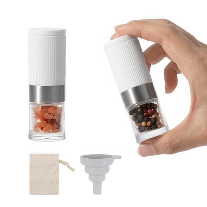 Mini Salt and Pepper Grinder Set Small Tiny Adjustable Coarseness Ceramic Salt Grinder with Funnel and Bag Portable Handy Spice Pepper Mill Shaker For Outdoor Party Lunch Bag Kitchen White - color: White 2-Pack