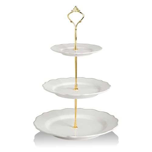 Sweejar 3 Tier Ceramic Cake Stand Wedding, Dessert Cupcake Stand for Tea Party Serving Platter(White) - color: Snow White
