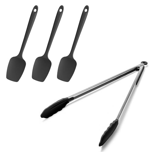 Doosu 16in Kitchen Tong for Cooking - 600°F Heat Resistant Food Tong with Non-Scratch Silicone Tips & 600°F Heat Resistant Silicone Spoon Spatula Set of 3 Cooking Spoons for Stir Mixing (Black)