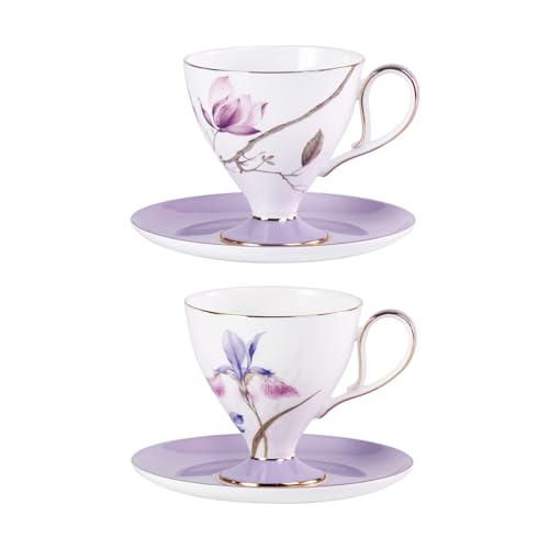 KAMMAK Ceramic Coffee Cups Saucers Set of 2, Porcelain Espresso Cups with Saucers, 8.12 oz Handcrafted Elegant Bone China Tea Cups, Purple Hibiscus & Iris Flower Pattern Teacup for Party, Office, Gift - color: Strolling in the Flower Garden (Hibiscus + Ir