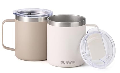 SUNWILL Travel Coffee Mug Set of 2, Insulated Tumbler with Lid, 14oz Stainless Steel Cup with Handle for Camping, Office, Home, Powder Coated Cream & Taupe - color: Powder Coated Cream & Taupe