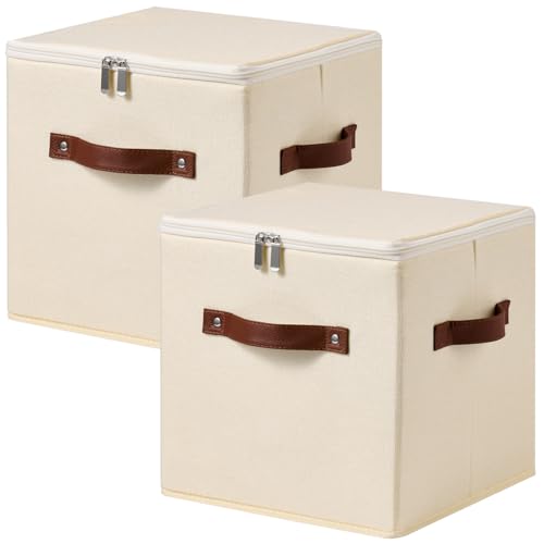 2PCS Storage Cubes with Lids Cotton Linen Fabric Bins Boxes | Decorative Foldable Washable Closet Shelf Organizer Clothes Container with PU Leather Handles, Zipper Lid, Beige, 11in - color: Beige ( Zipper Lid ), size: Set of 2 ( 11 in )