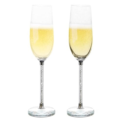 American Atelier Champagne Flutes, Set of 2, Gem Filled Stem, 10in