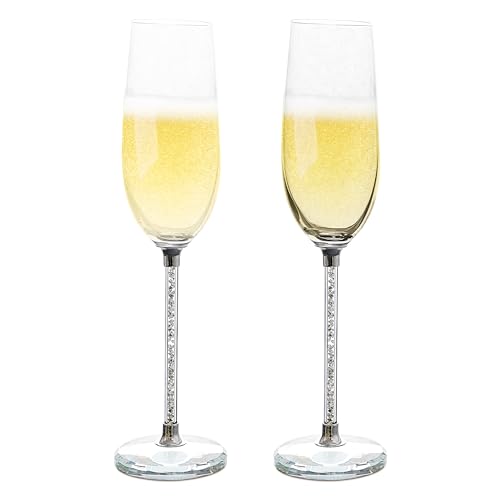American Atelier Champagne Flutes, Set of 2, Gem Filled Stem, 10in