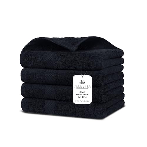Villa Celestia Cotton Hand Towels Set of 4, 16 x 28, Oeko-TEX Certified, Quick Dry, Black - color: Black, size: Hand Towel - Pack of 4