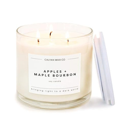 Apples & Maple Bourbon 3 Wick Scented Candle - 43 Hour Burn | Made in the USA Luxury Clean Soy Wax Candles - Long Lasting Large Glass Jar Candle for Home - 3 Wicks - 14.9oz - color: Apples + Maple Bourbon