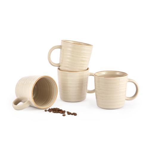 Bico Ceramic Coffee Mugs Set of 4, 17 oz Stoneware Coffee Cups with Handle and Ribbed Texture, Lead-Free Microwave and Dishwasher Safe, Warm Earthy Mug Set for Tea, Latte, Hot Chocolate (Light Beige) - color: Beige