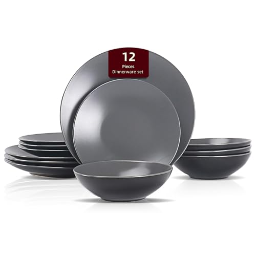 Stoneware Two-Tone Colors Life 12pc Dinner Set，Outside Shiny Black + Inside Matte Glaze Warm Grey - color: Warm Grey, size: 12pc Set