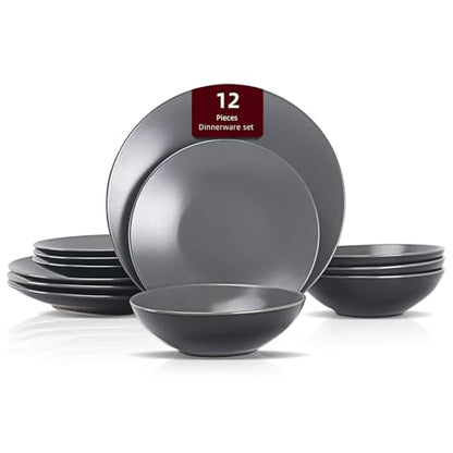 Stoneware Two-Tone Colors Life 12pc Dinner Set，Outside Shiny Black + Inside Matte Glaze Warm Grey - color: Warm Grey, size: 12pc Set