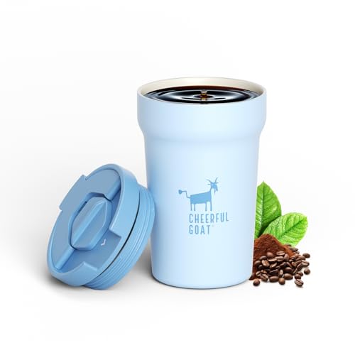 CHEERFUL GOAT Ceramic Lined Coffee Mug – Stainless Steel Travel insulated Tumbler with Ceramic Liner, with lid, 12oz Leak proof Cup for Hot and Cold Water Coffee at Home, Office, or On the Go (Blue) - color: Blue