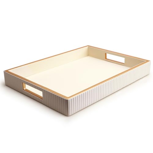 Leather Tray Desktop Storage Organizer, Rectangle Valet Tray, White | Premium Serving Trays with Handles, Decorative Tray Desk Organizer for Sundries Cosmetics Phone Wallet Keys Cutlery - color: White Holder