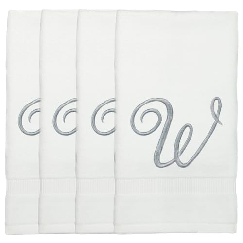 Monogrammed Fingertip Towels, Personalized Gift, 11 x 18 Inches - Set of 4 - Silver Script Embroidery - Extra Absorbent 100% Turkish Cotton- Soft Terry Velour- for Bathroom, Kitchen and Spa- W White - style: Initial W