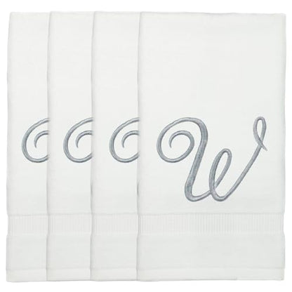 Monogrammed Fingertip Towels, Personalized Gift, 11 x 18 Inches - Set of 4 - Silver Script Embroidery - Extra Absorbent 100% Turkish Cotton- Soft Terry Velour- for Bathroom, Kitchen and Spa- W White - style: Initial W