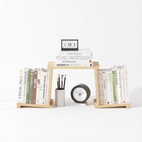 Solid Wood Desktop Bookshelf Organizer for Home Office & Student Desk – Natural Rubberwood Book Holder with Adjustable Shelves & Metal Bookmarks, Minimalist Design (Yellow)”