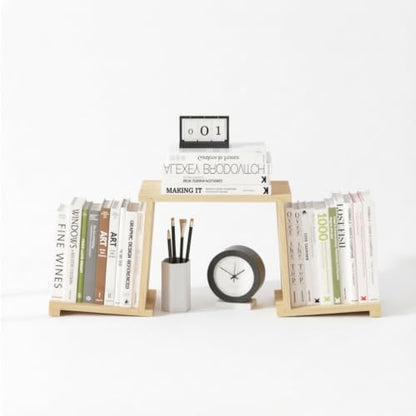 Solid Wood Desktop Bookshelf Organizer for Home Office & Student Desk – Natural Rubberwood Book Holder with Adjustable Shelves & Metal Bookmarks, Minimalist Design (Yellow)”