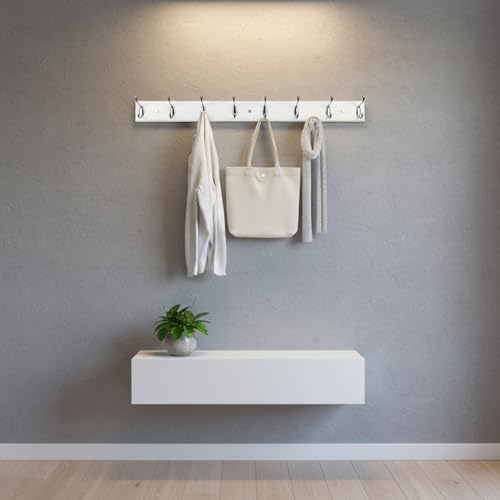 Wooden Wall Mounted Coat Rack – 31 Inch, White with 8 Silver Hooks for Entryway, Hallway, Bedroom - size: Long-31.5in(80cm),8 Silver Hooks, style: Modern