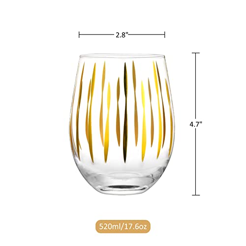 Joeyan Hand Blown Stemless Wine Glasses with Gold Dots Swirls Grids Strips Pattern for Red White Wine,Large Drinking Glass Cups,Wine Glass Tumblers for Wedding Party Home,Set of 4,17.5 oz - color: Gold Dots Swirls Strips Grids Patterned