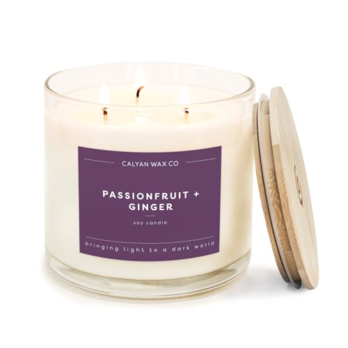 Passionfruit & Ginger 3 Wick Scented Candle - 43 Hour Burn | Made in the USA Luxury Clean Soy Wax Candles - Long Lasting Large Glass Jar Candle for Home - 3 Wicks - 14.9oz - color: Passionfruit + Ginger