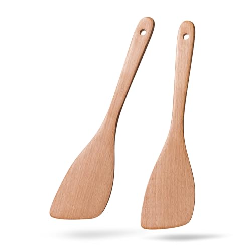 Wooden Spatulas for Cooking, 2 Pack, 12.8 Inch, Beech Wood | Thin flat edges help flip, stir and scrape; long handles provide comfortable reach and stay gentle on nonstick cookware. - color: Beech Yellowish, size: Thin 12.8" Angled Edge