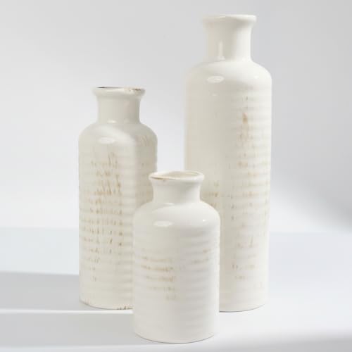 White Ribbed Ceramic Vase Set of 3, Clay Bottle Vases for Home Decor | Crackle glaze finish for rustic farmhouse tables, shelves, mantels and centerpieces - color: White02