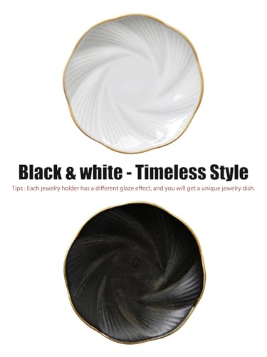 Black Ceramic Jewelry Tray with Gold Edge, 5 Inch Modern Trinket Dish for Rings & Earrings, Minimal Vanity Organizer - color: Black_round
