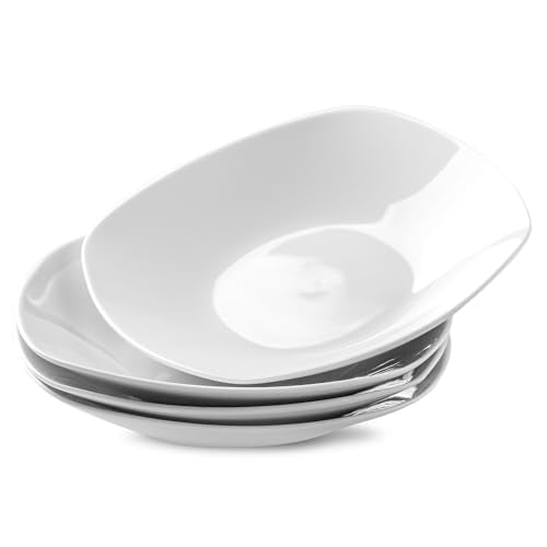 fMBB Ceramic Large Soup Bowls, 8.6 Inches, Modern 4-Piece Deep Salad Plates Set, Porcelain Square Plates, for Fruit, Cereal, Dessert, Snack - White - color: Square8.6"