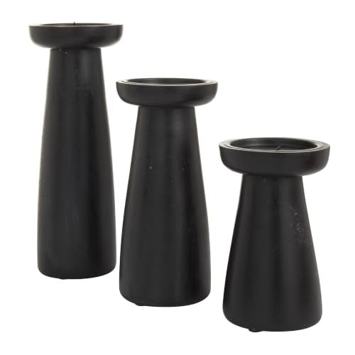 Deco 79 Mango Wood Decorative Candle Holder Pillar Candle Stand, Set of 3 Candlestick Holder 10", 6", 8" H, Black