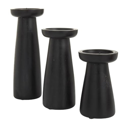 Deco 79 Mango Wood Decorative Candle Holder Pillar Candle Stand, Set of 3 Candlestick Holder 10", 6", 8" H, Black