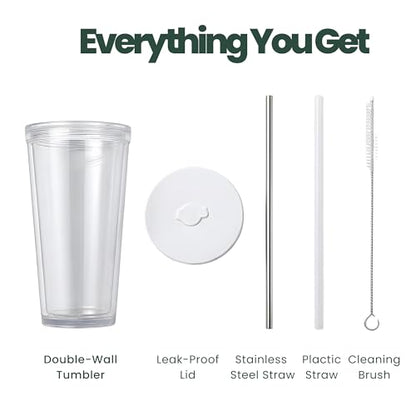 Reusable Iced Coffee Cup with Lid and Straw, 24 oz/Venti, BPA-Free Double-Wall Insulated Plastic Tumbler for Cold Drinks, Includes Clear Plastic Straw, Stainless Steel Straw and Cleaning Brush, White - color: White, size: 24 Ounces