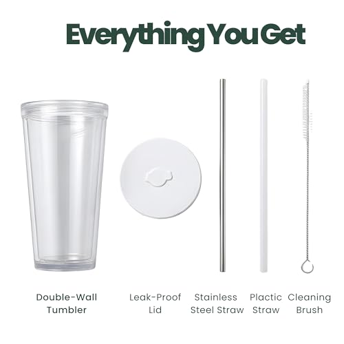 Reusable Iced Coffee Cup with Lid and Straw, 16 oz/Grande, BPA-Free Double-Wall Insulated Plastic Tumbler for Cold Drinks, Includes Clear Plastic Straw, Stainless Steel Straw and Cleaning Brush, White - color: White, size: 16 Ounces