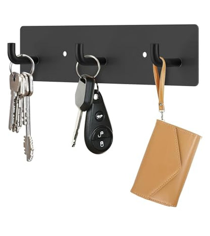 RELBRO Key Holder Wall Mount, Key Rack with 3 Hooks, Small, Black | Metal, Self Adhesive, 2 Installation Options, Matte Finish, Key Holder for Wall Foyer Garage Camper RV - color: Black
