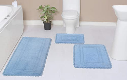 Home Weavers Casual Elegance Reversible Bathmat 100% Cotton Bathroom Rugs Set, Washable Rug, Extra Soft and Absorbent Bath Rug, Kitchen Mat, Bath Mat Set, Non Slip Mat, 3 Piece Set with Runner, Blue - color: Blue, size: 1'9" x 4'6" (Rectangular)