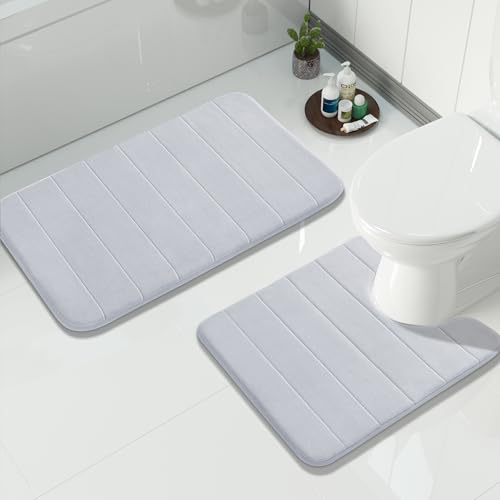 Yimobra Memory Foam Bath Mat Set 2 Piece - Super Soft Absorbent Quick Dry Bathroom Toilet Rugs, Machine Washable Non Slip Floor Carpet for Tub Shower & Single Sink (31.5x20 & 24x20, Silver) - color: Silver, size: 31.5x20+24x20 Inch