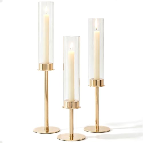 POKINE Gold Candle Holders Set of 3 for Taper Candle Holders | Hurricane Glass Candlestick Holder for Christmas Decor,Centerpieces for Tables,Party Decorative, Anniversary(3,Gold) - color: Gold-3pcs